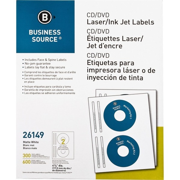 Business Source CD/DVD Labels, Laser/inkjet, 300/PK, White 300PK BSN26149